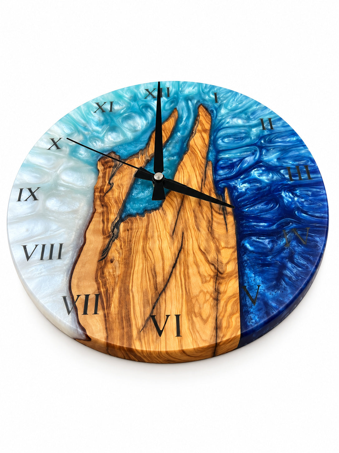 Roman Blue Flame Olive Wood & Resin Wall Clock — product photograph, view 5