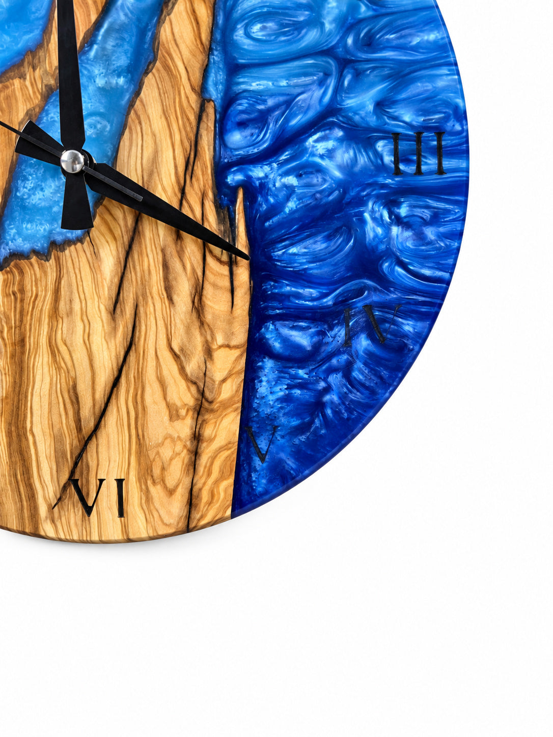 Roman Blue Flame Olive Wood & Resin Wall Clock — product photograph, view 2