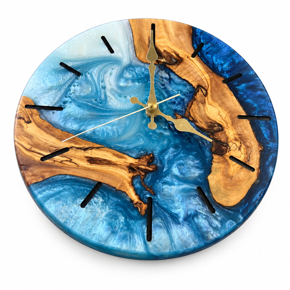 Lagoon Crescent Olive Wood & Resin Wall Clock — product photograph, view 2