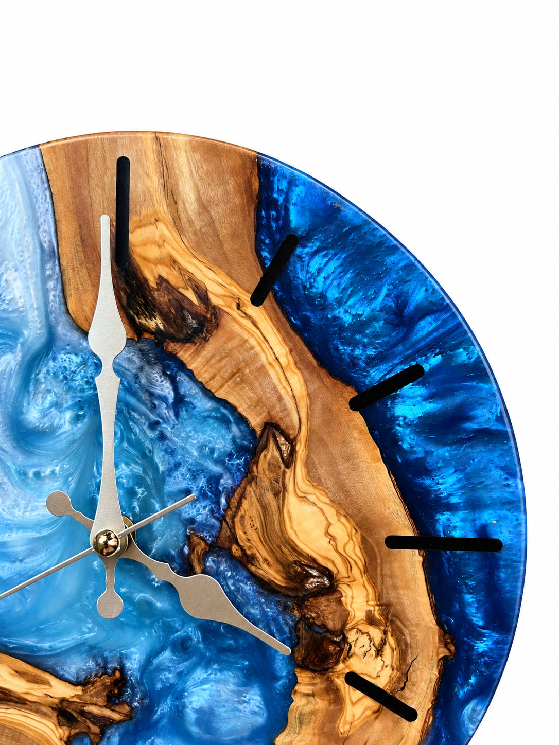 Lagoon Crescent Olive Wood & Resin Wall Clock — product photograph, view 5