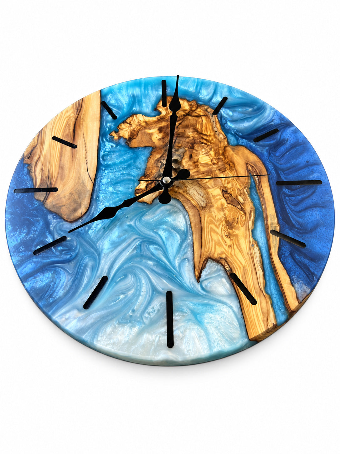 Blue Coastline Olive Wood & Resin Wall Clock — product photograph, view 4