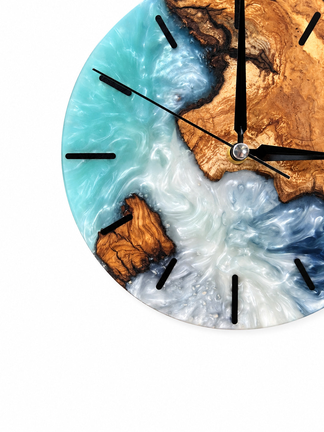 Turquoise Continent Olive Wood & Resin Wall Clock — product photograph, view 5