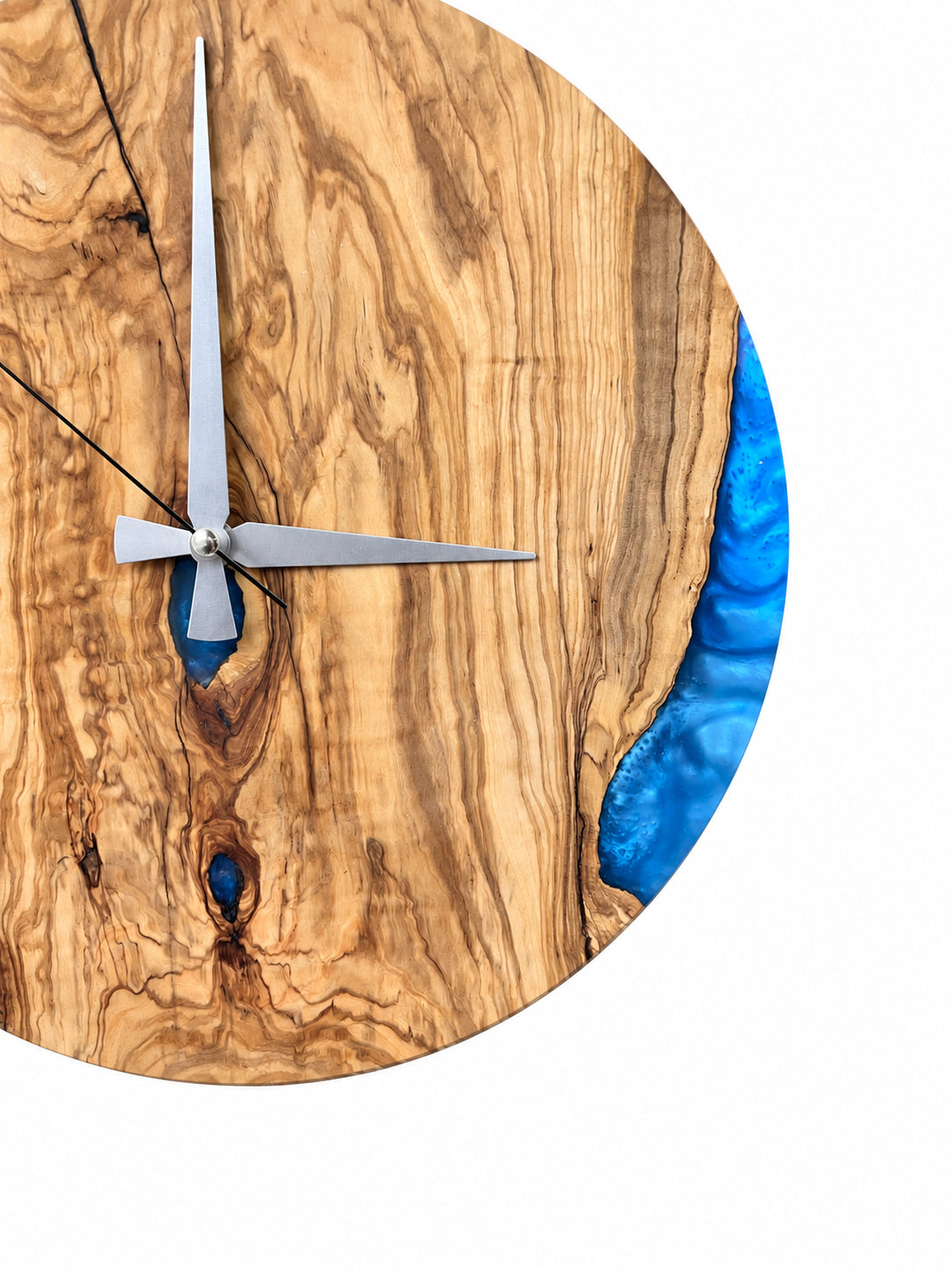 Natural Blue Rim Olive Wood & Resin Wall Clock — product photograph, view 5