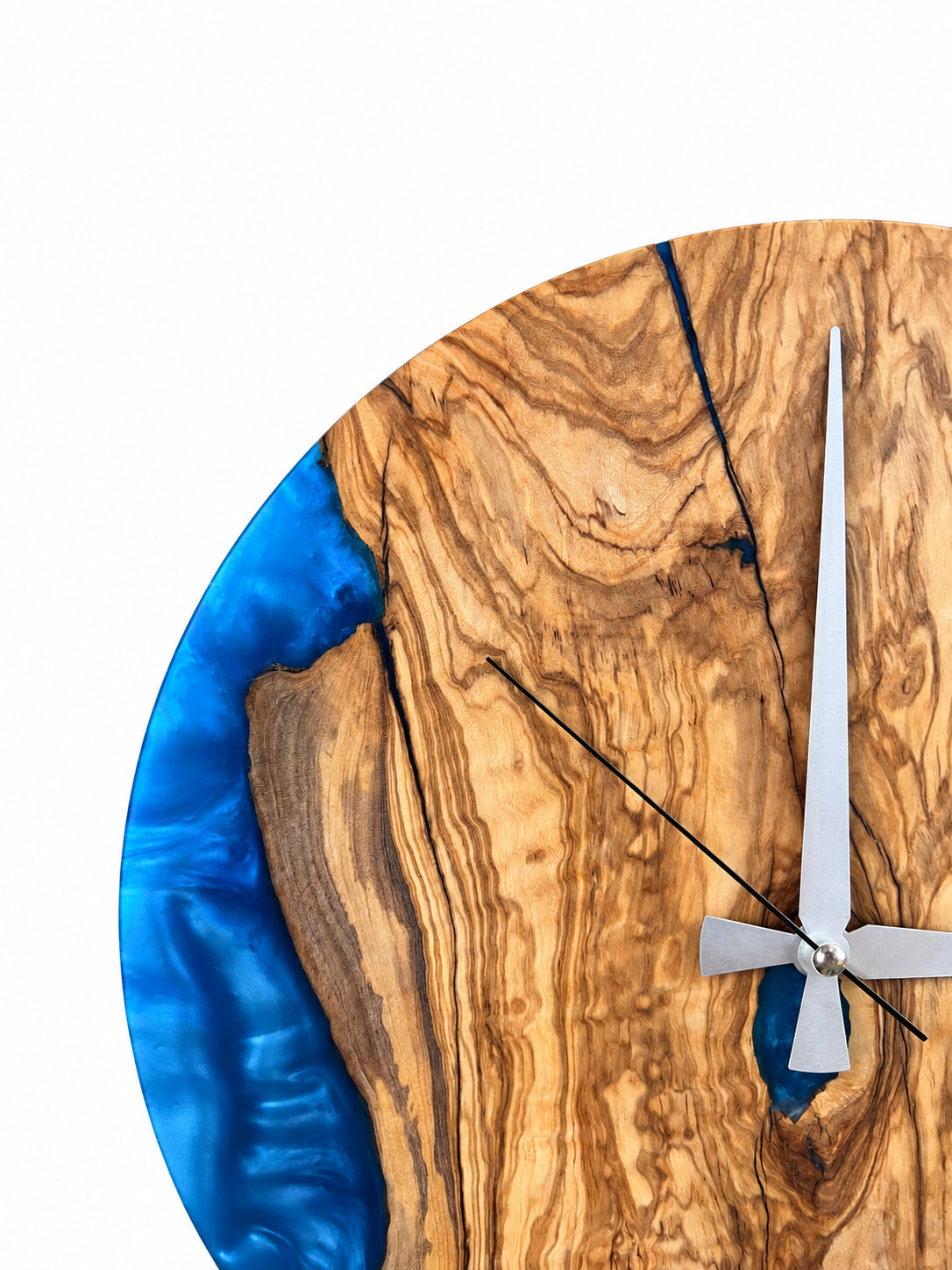 Natural Blue Rim Olive Wood & Resin Wall Clock — product photograph, view 2