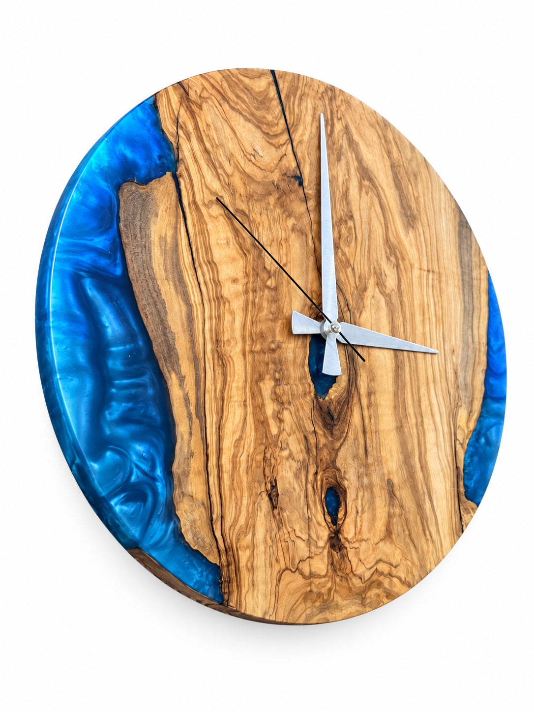 Natural Blue Rim Olive Wood & Resin Wall Clock — product photograph, view 3