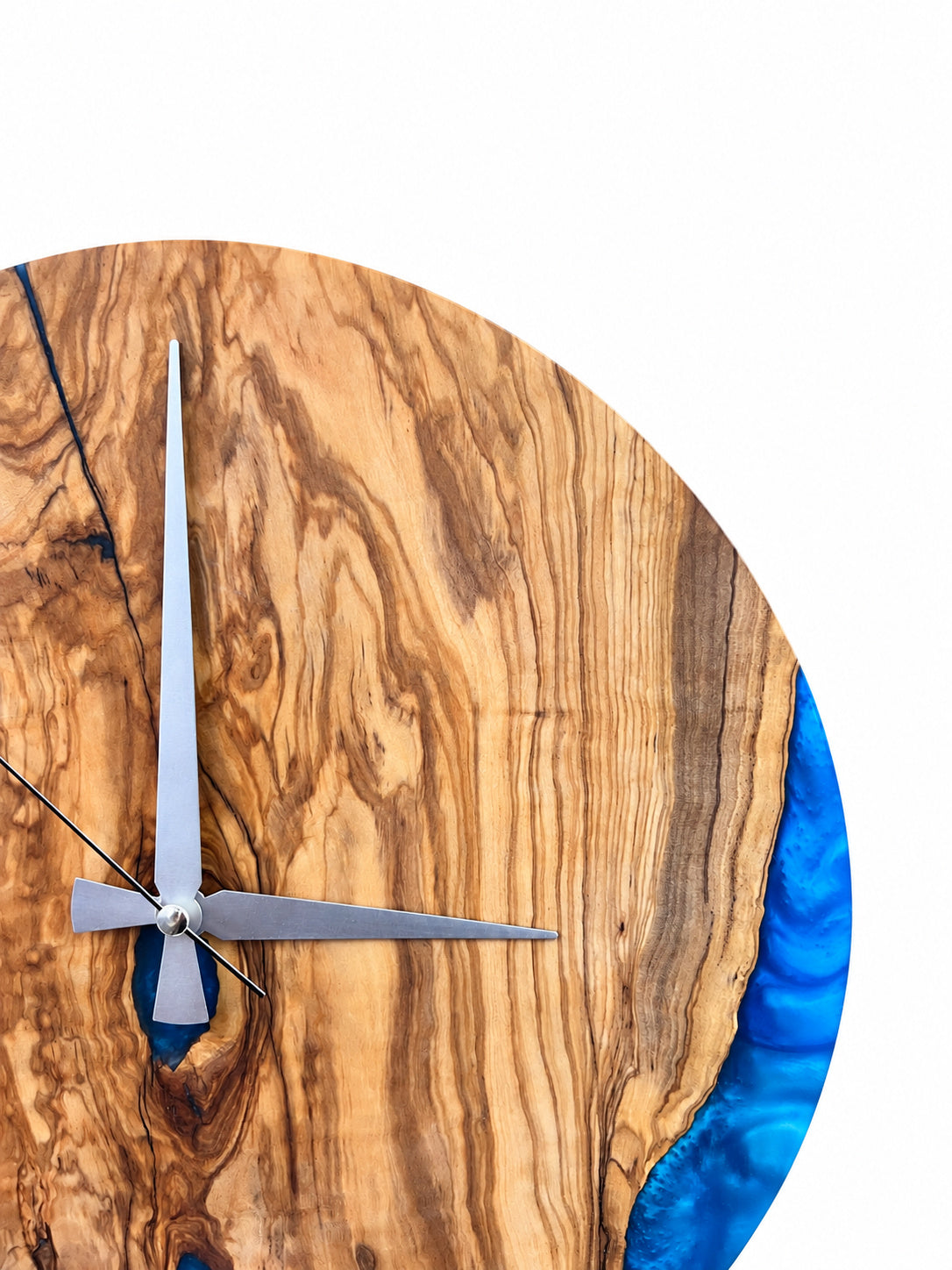 Natural Blue Rim Olive Wood & Resin Wall Clock — product photograph, view 4