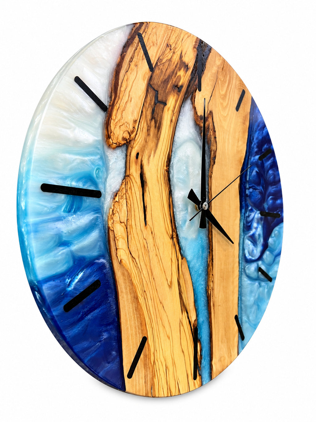 Silver Blue Channel Olive Wood & Resin Wall Clock — product photograph, view 11