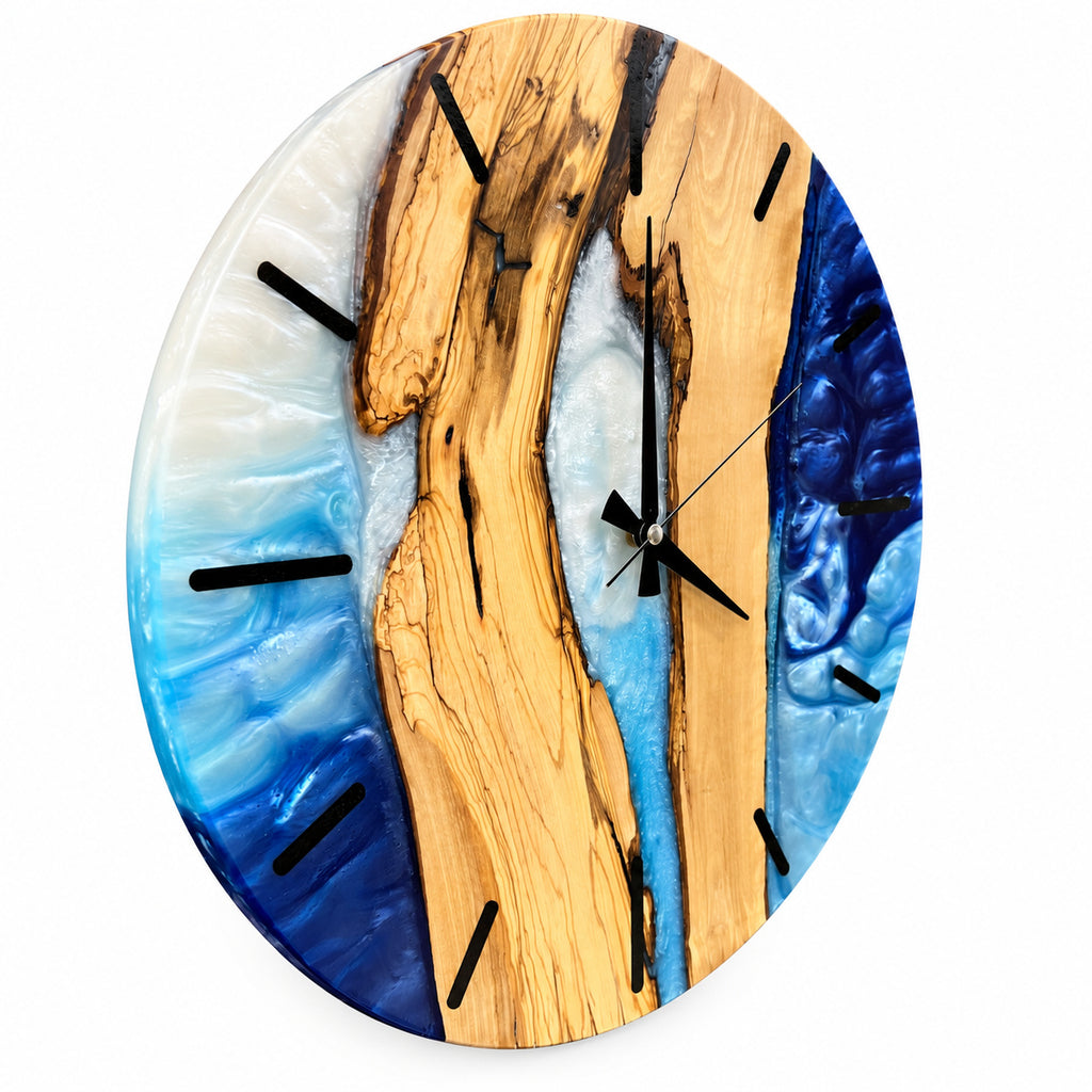 Silver Blue Channel Olive Wood & Resin Wall Clock — product photograph, view 5