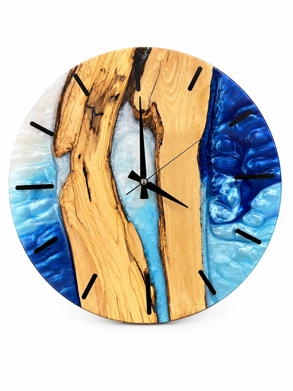 Silver Blue Channel Olive Wood & Resin Wall Clock — product photograph, view 2