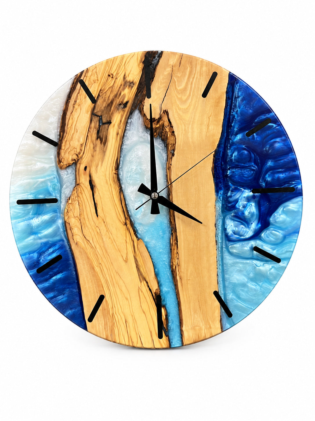 Silver Blue Channel Olive Wood & Resin Wall Clock — product photograph, view 2