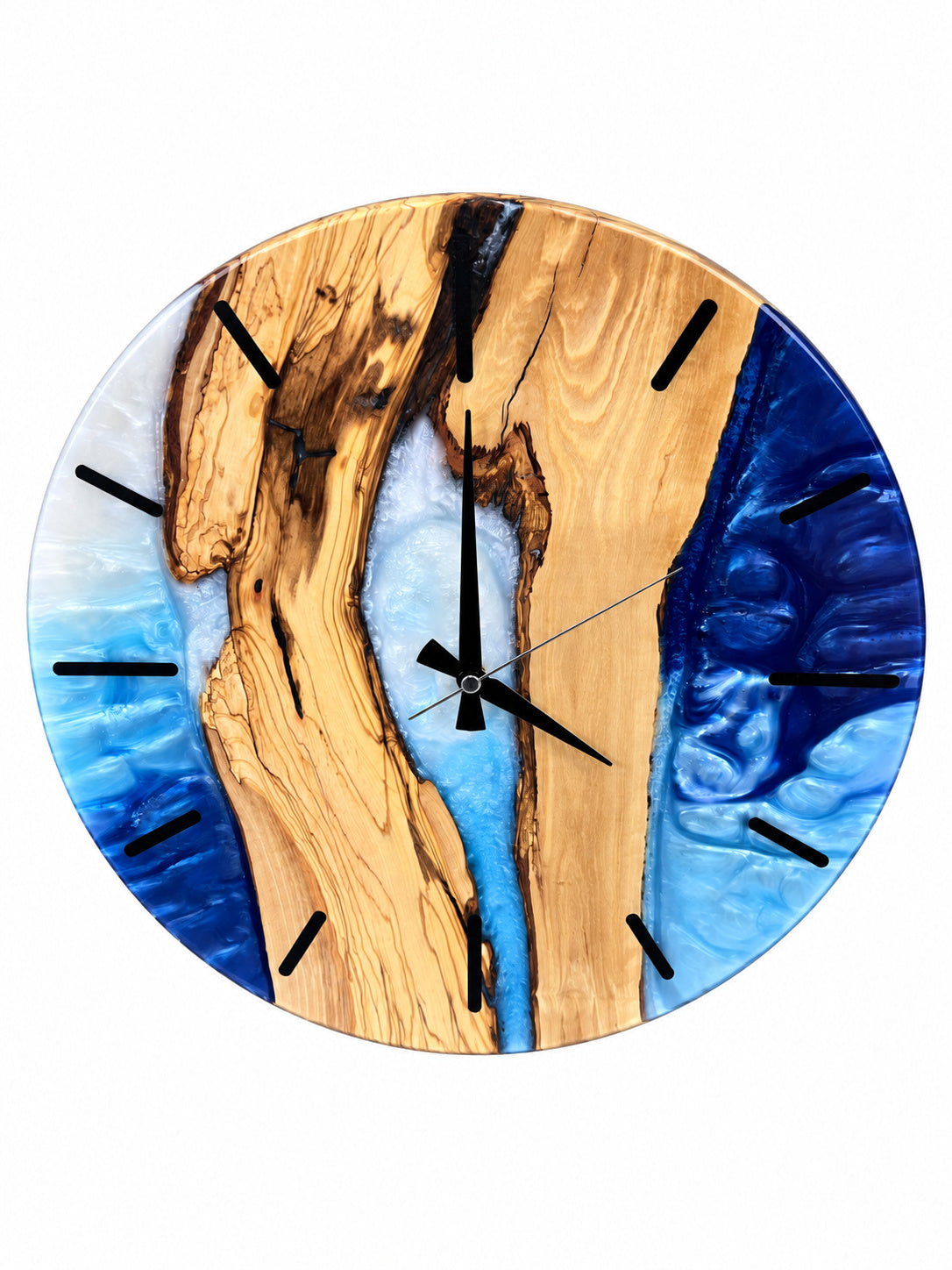 Silver Blue Channel Olive Wood & Resin Wall Clock — product photograph, view 6