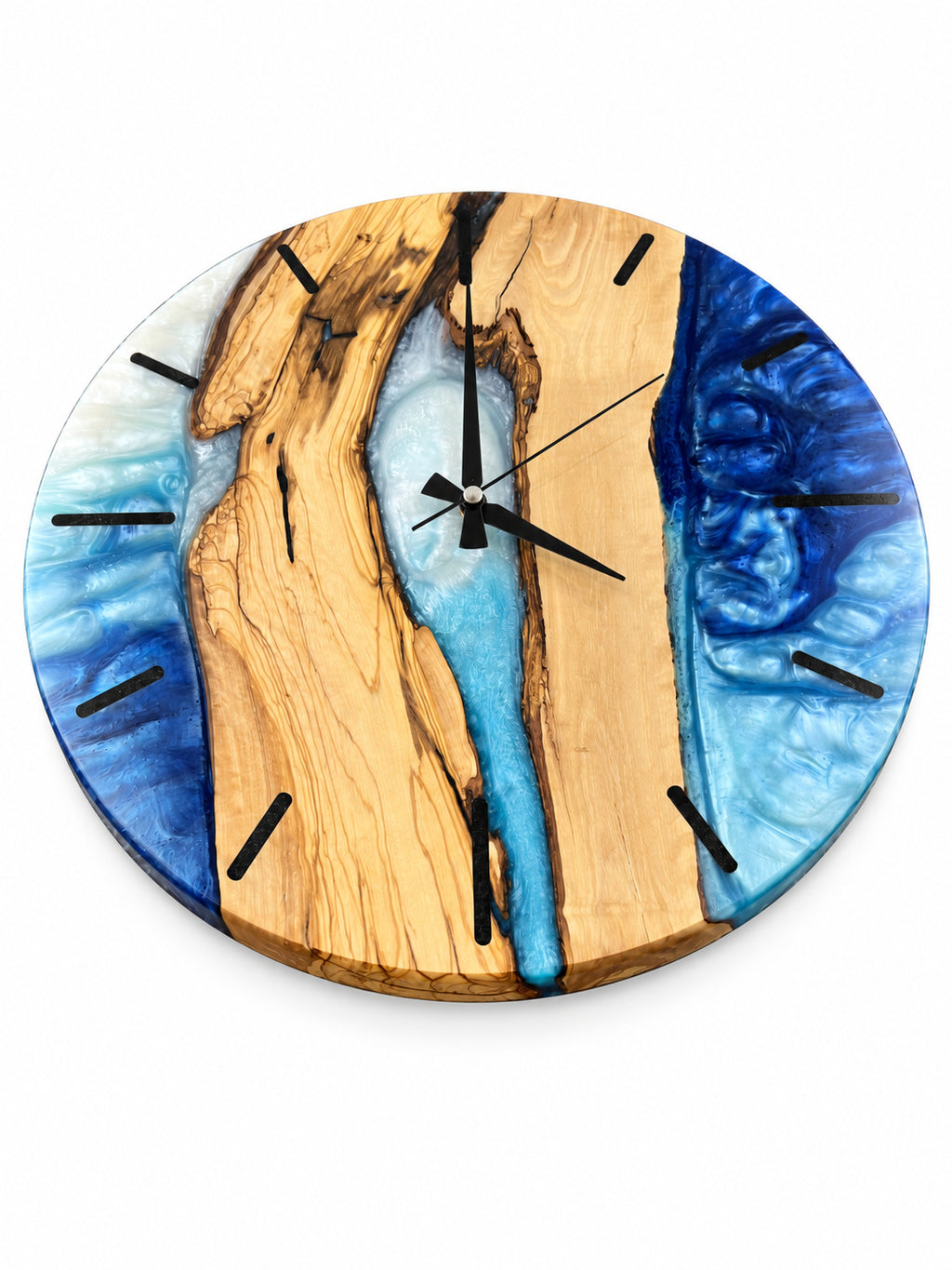 Silver Blue Channel Olive Wood & Resin Wall Clock — product photograph, view 3