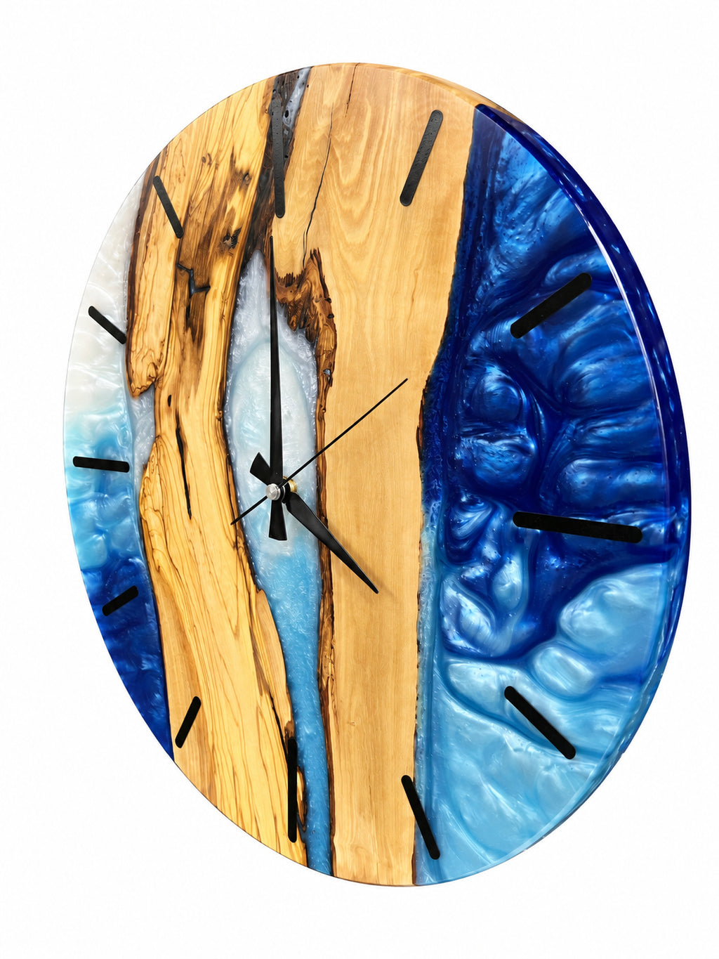 Silver Blue Channel Olive Wood & Resin Wall Clock — product photograph, view 7