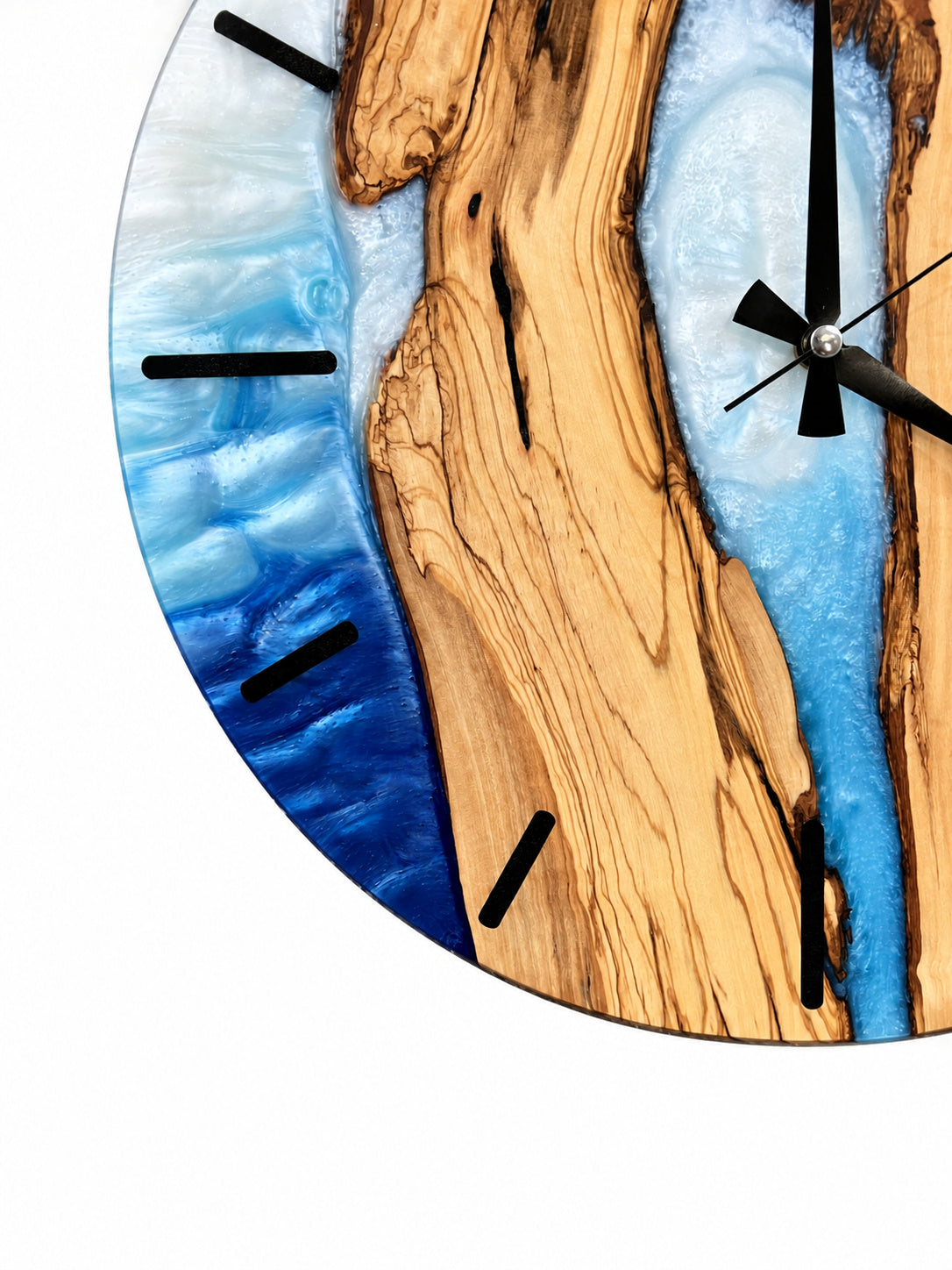 Silver Blue Channel Olive Wood & Resin Wall Clock — product photograph, view 9