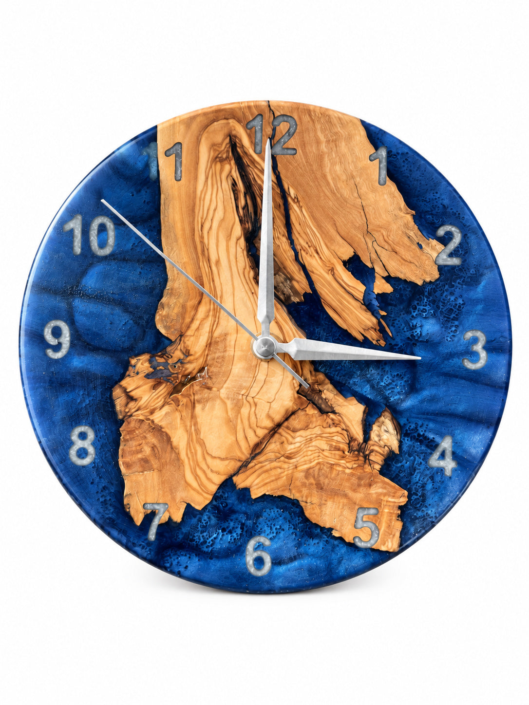 Blue Coast Map Olive Wood & Resin Wall Clock — full front view on white