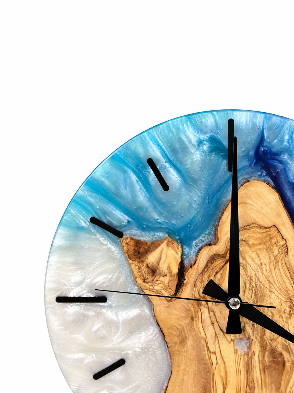 Pearl Blue Fjord Olive Wood & Resin Wall Clock — product photograph, view 5