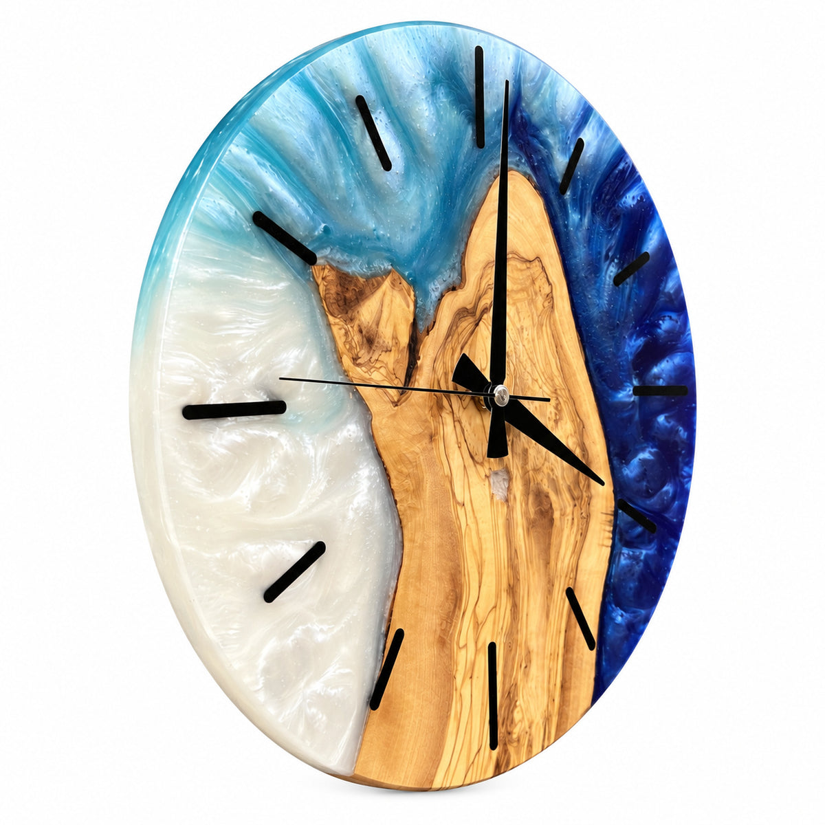 Pearl Blue Fjord Olive Wood & Resin Wall Clock — product photograph, view 4