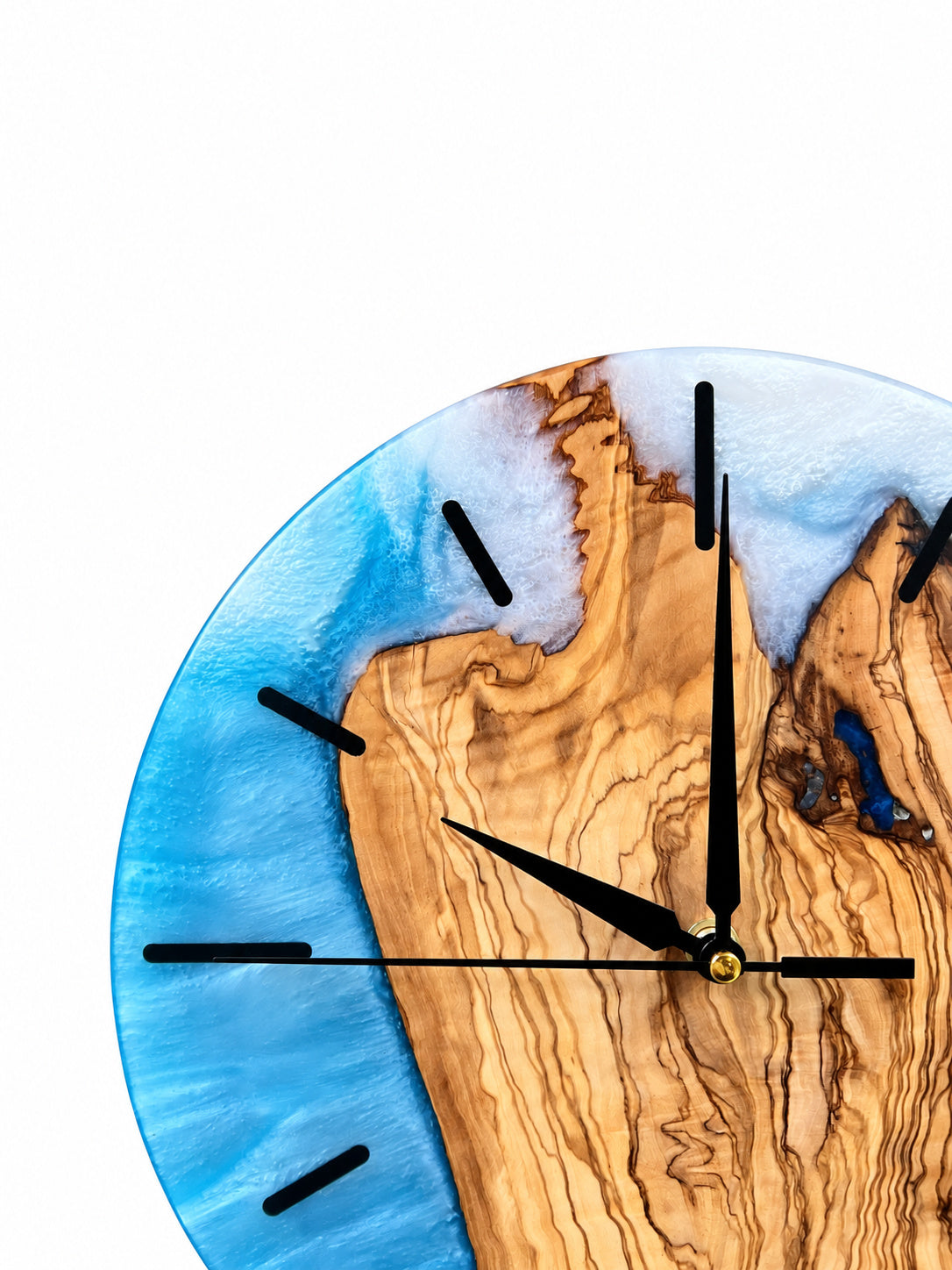 Amber Island Olive Wood & Resin Wall Clock — handcrafted clock, product view 5