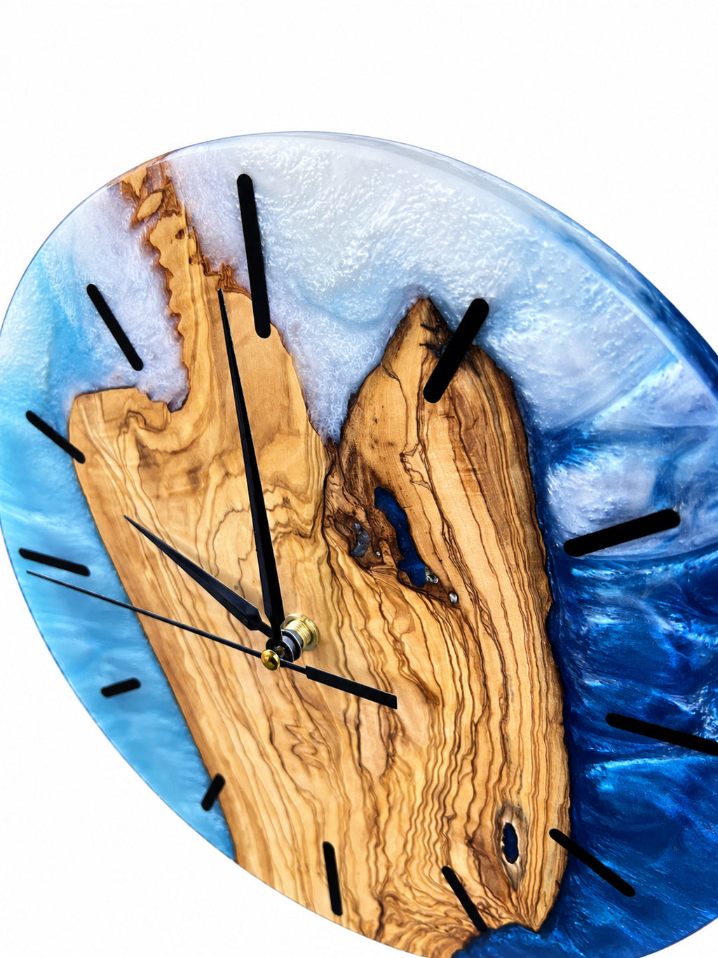 Amber Island Olive Wood & Resin Wall Clock — handcrafted clock, product view 9