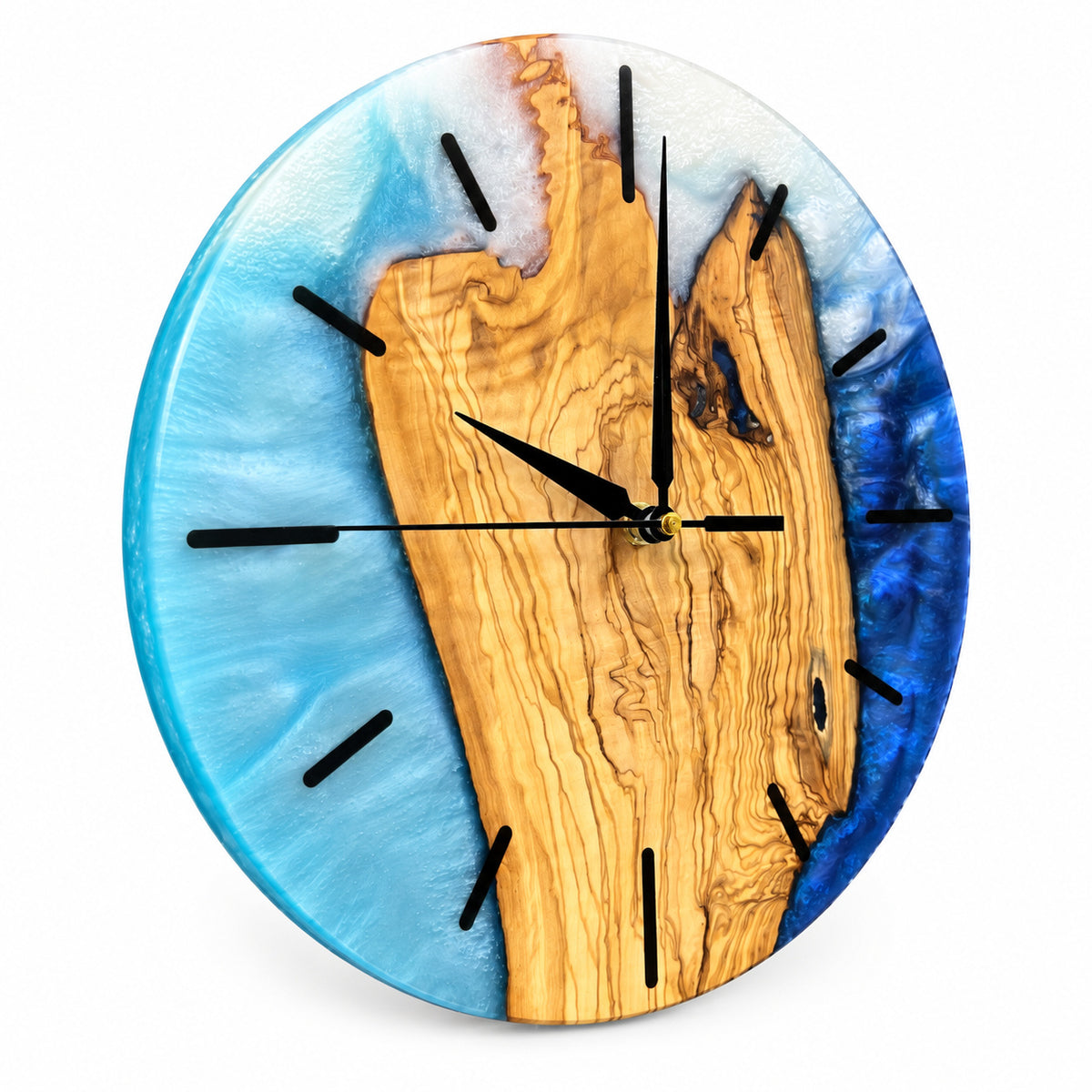 Amber Island Olive Wood & Resin Wall Clock — handcrafted clock, product view 1