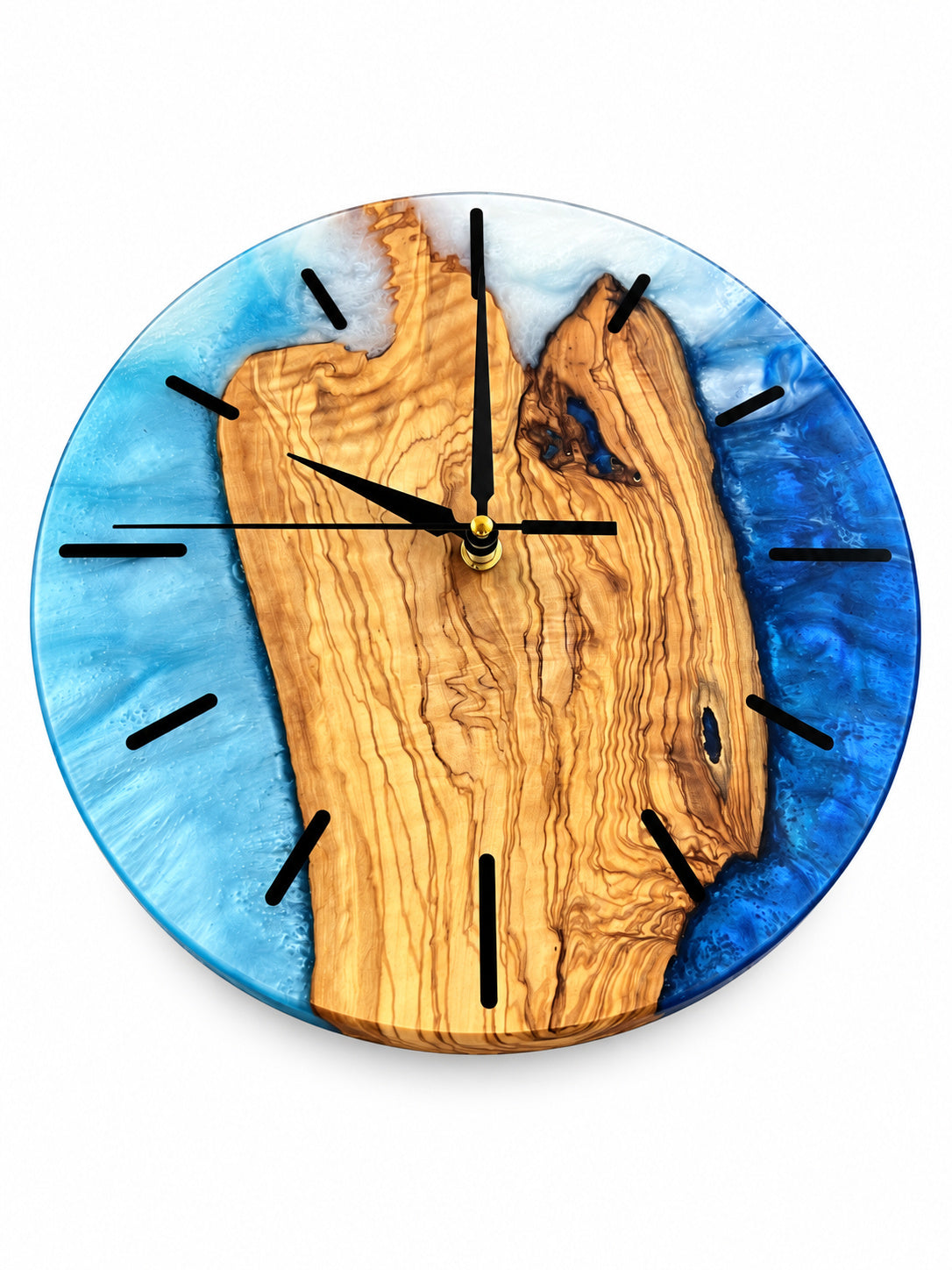 Amber Island Olive Wood & Resin Wall Clock — handcrafted clock, product view 3