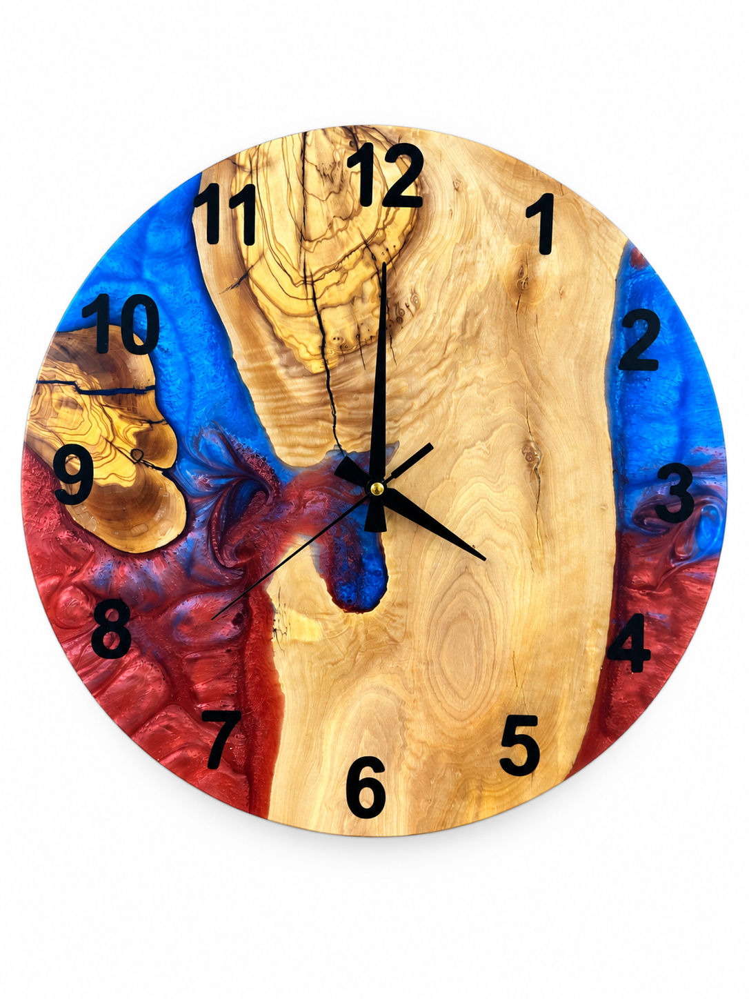 Crimson Lagoon Olive Wood & Resin Wall Clock — full front view on white