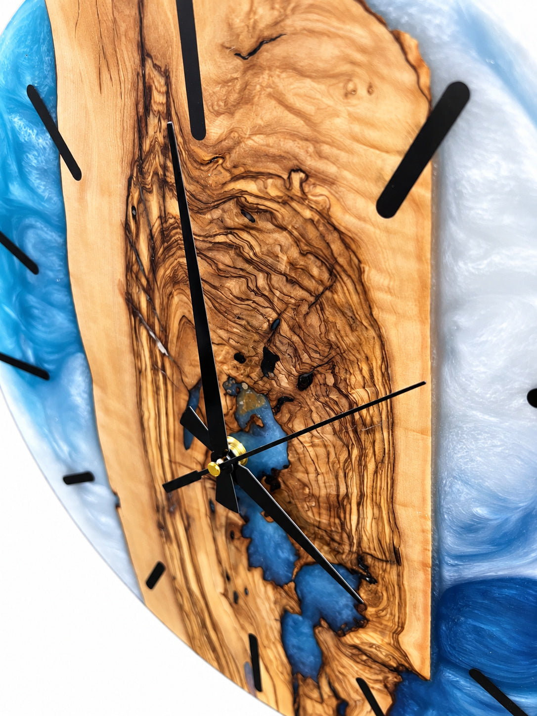 Icy Archipelago Olive Wood & Resin Wall Clock — product photograph, view 10