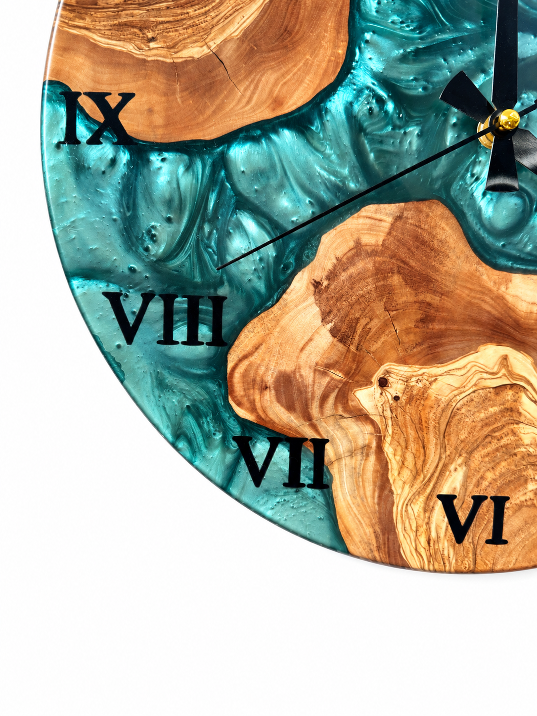 Emerald Archipelago Olive Wood & Resin Wall Clock — product photograph, view 5