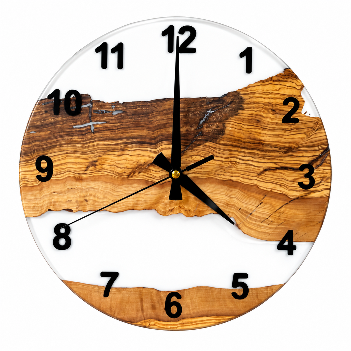 White Woodland Olive Wood & Resin Wall Clock — full front view on white