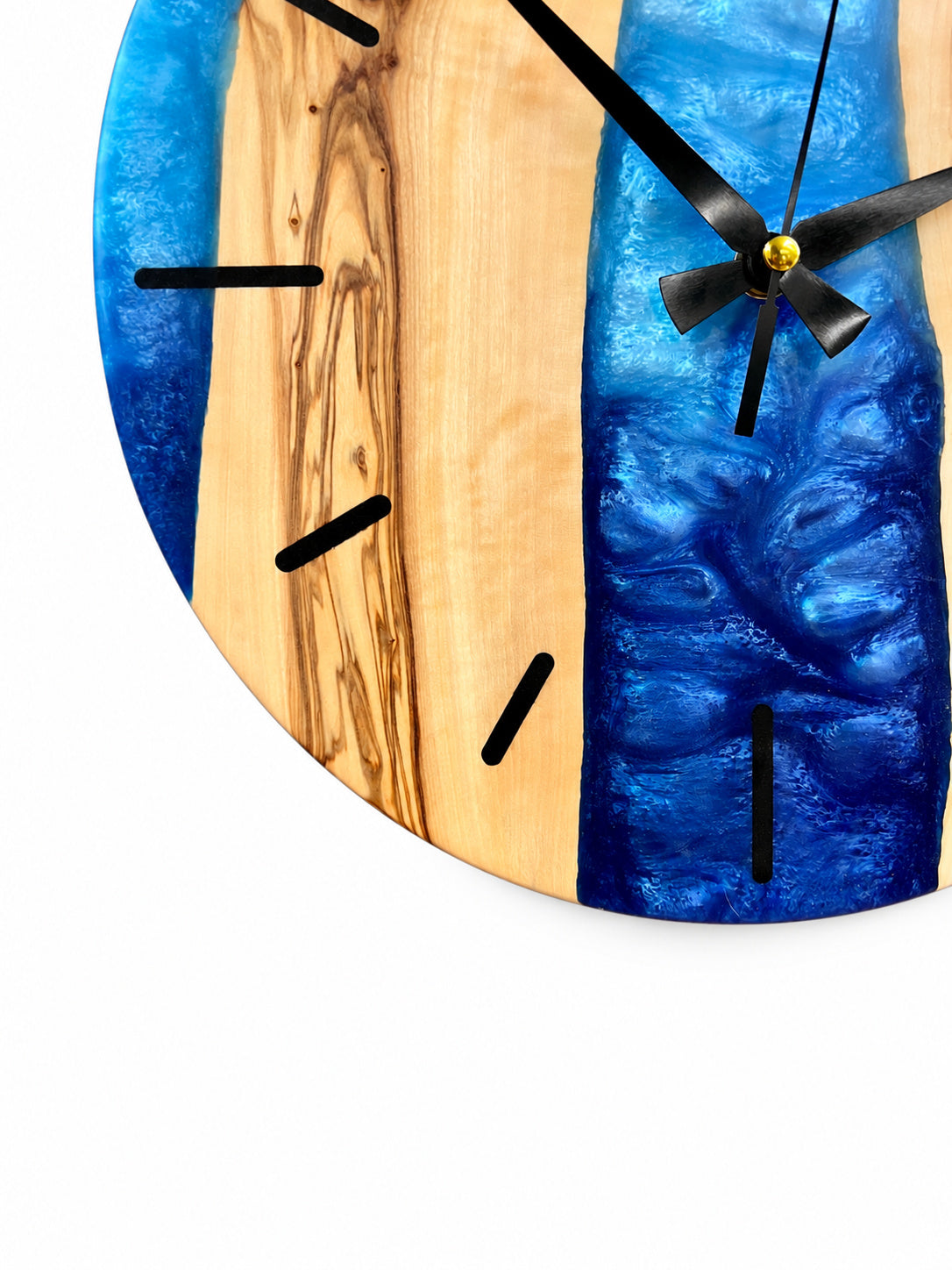 Blue Canyon Olive Wood & Resin Wall Clock — handcrafted clock, product view 3