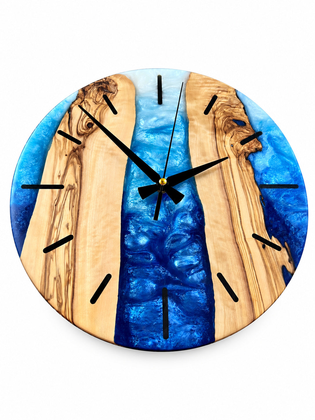 Blue Canyon Olive Wood & Resin Wall Clock — handcrafted clock, product view 1
