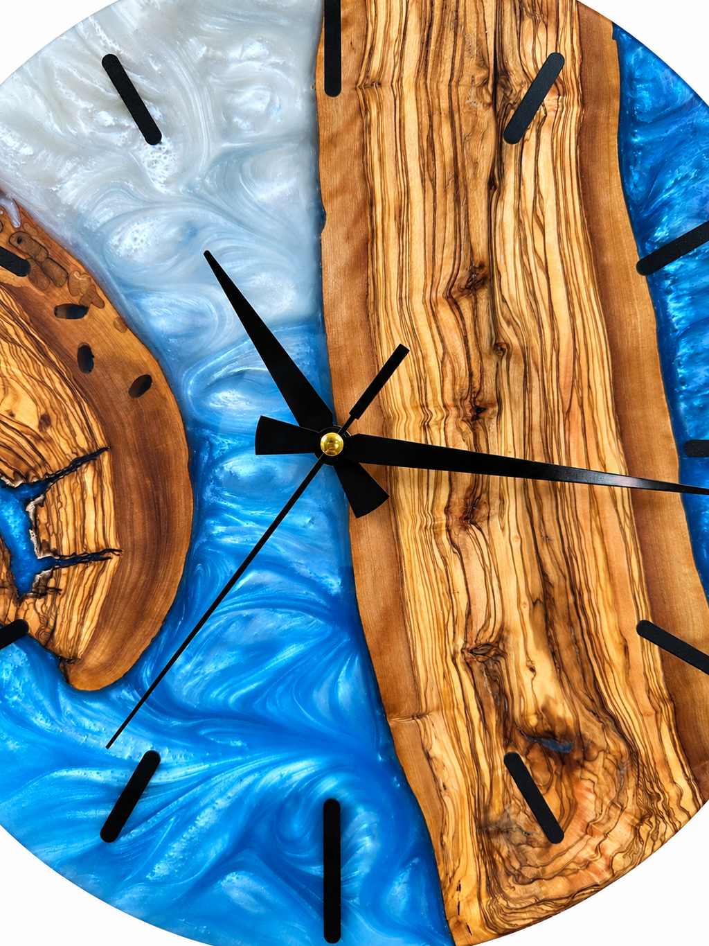 Blue Crescent Olive Wood & Resin Wall Clock — product photograph, view 7