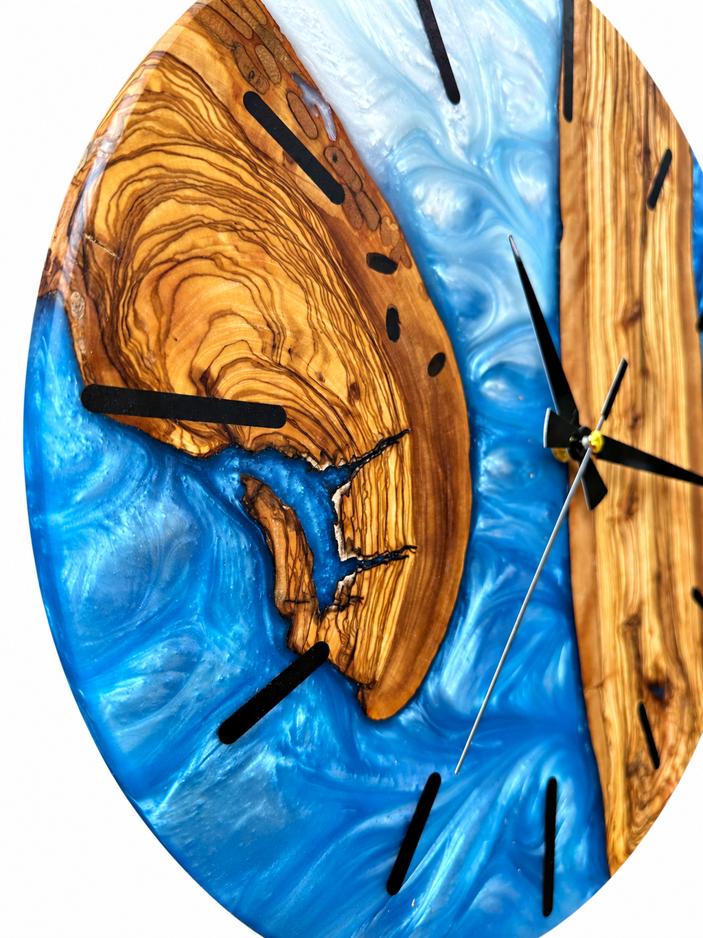 Blue Crescent Olive Wood & Resin Wall Clock — product photograph, view 8