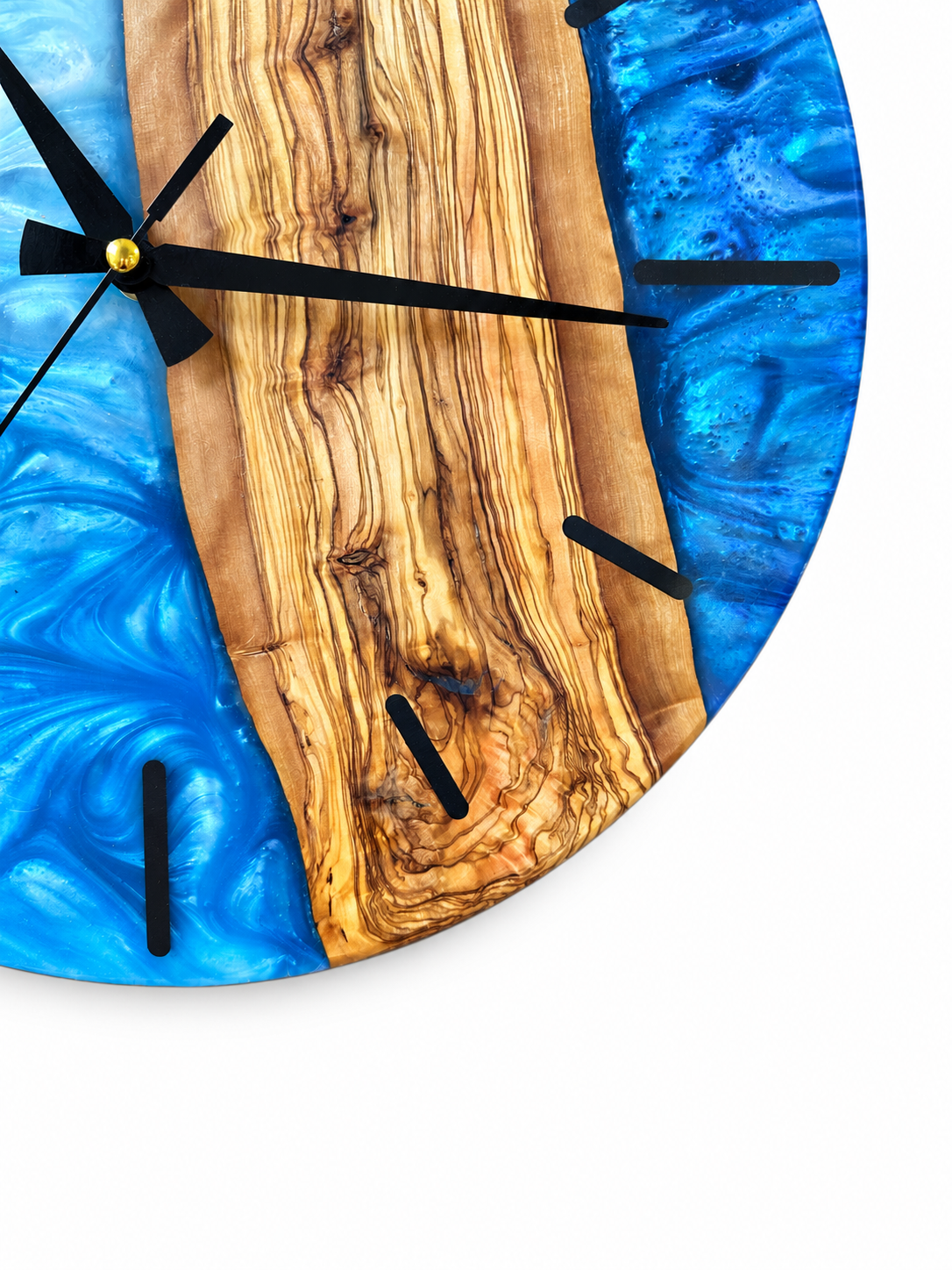 Blue Crescent Olive Wood & Resin Wall Clock — product photograph, view 4