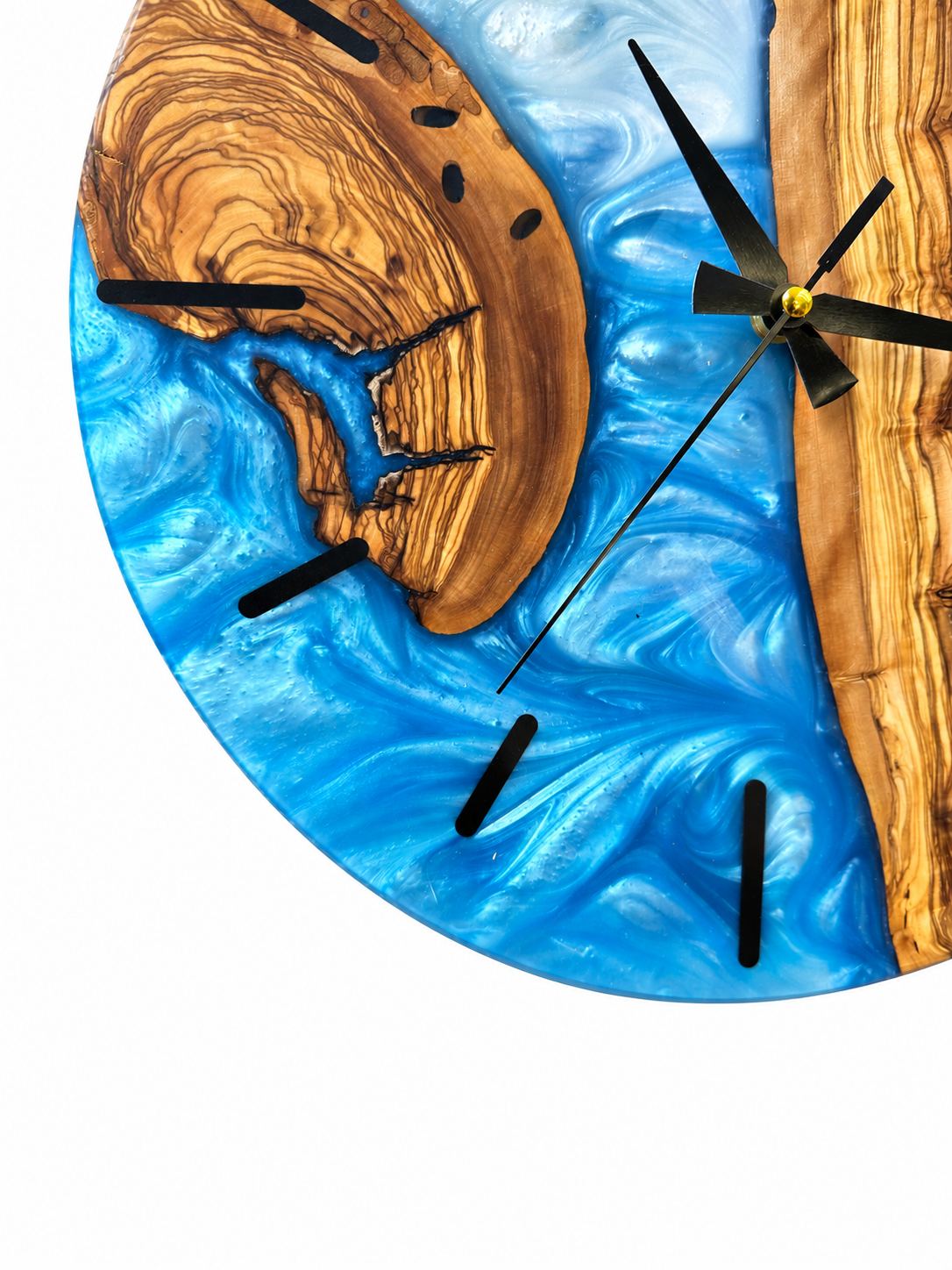 Blue Crescent Olive Wood & Resin Wall Clock — product photograph, view 5