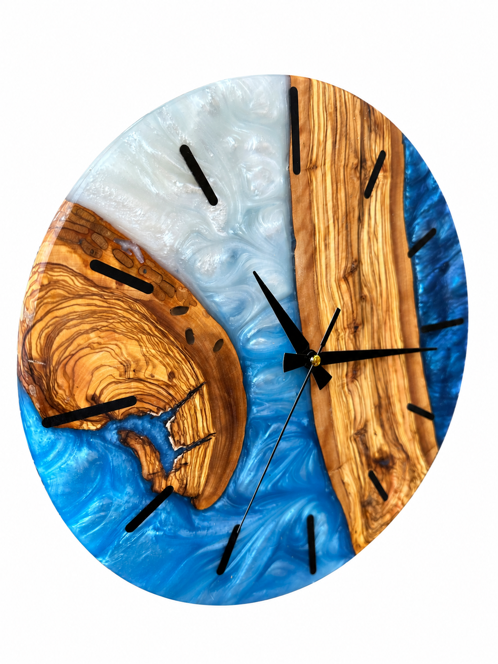 Blue Crescent Olive Wood & Resin Wall Clock — product photograph, view 6