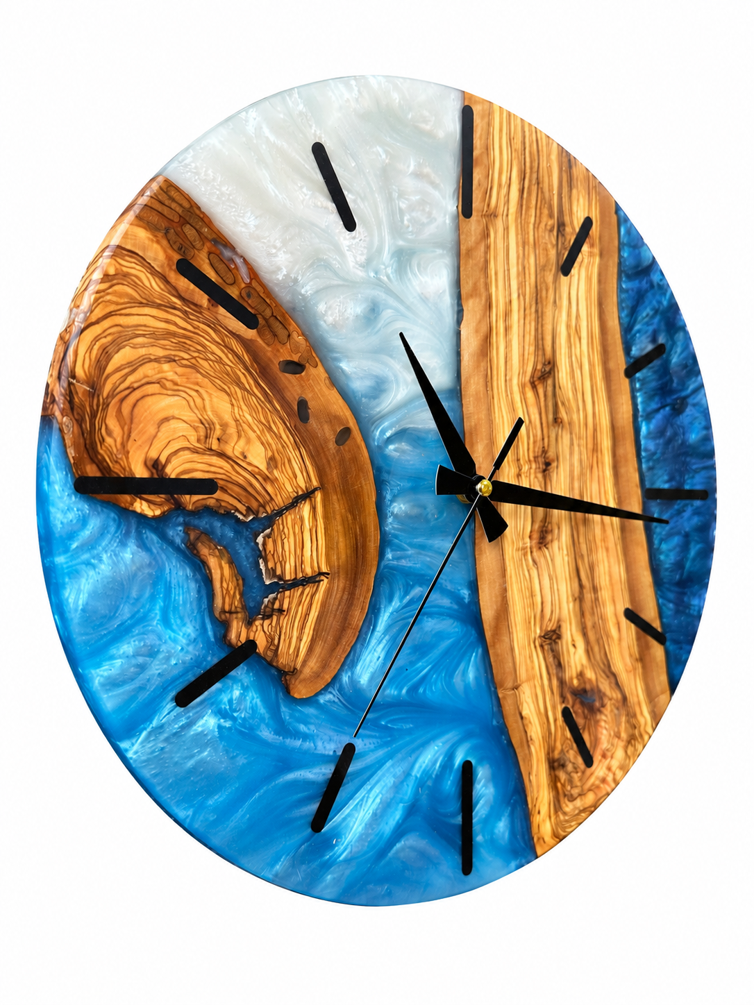 Blue Crescent Olive Wood & Resin Wall Clock — product photograph, view 9