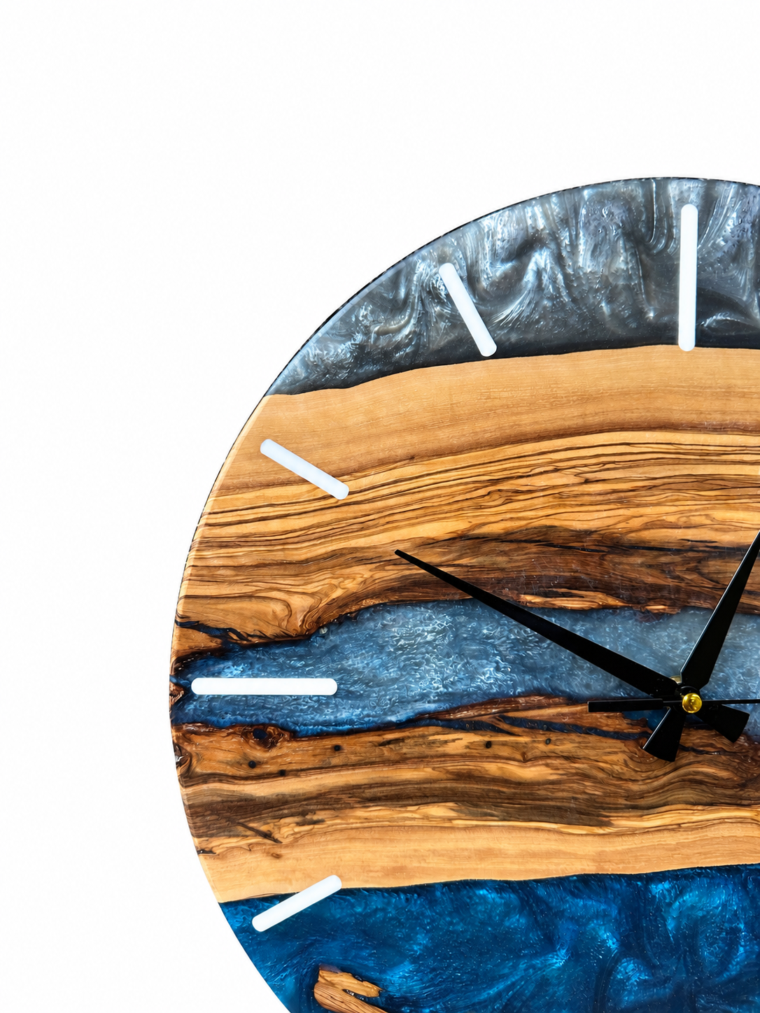 Ash Blue River Olive Wood & Resin Wall Clock — product photo on white, IMG_6773.JPG