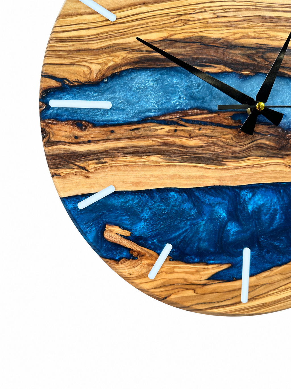 Ash Blue River Olive Wood & Resin Wall Clock — product photo on white, IMG_6776.JPG