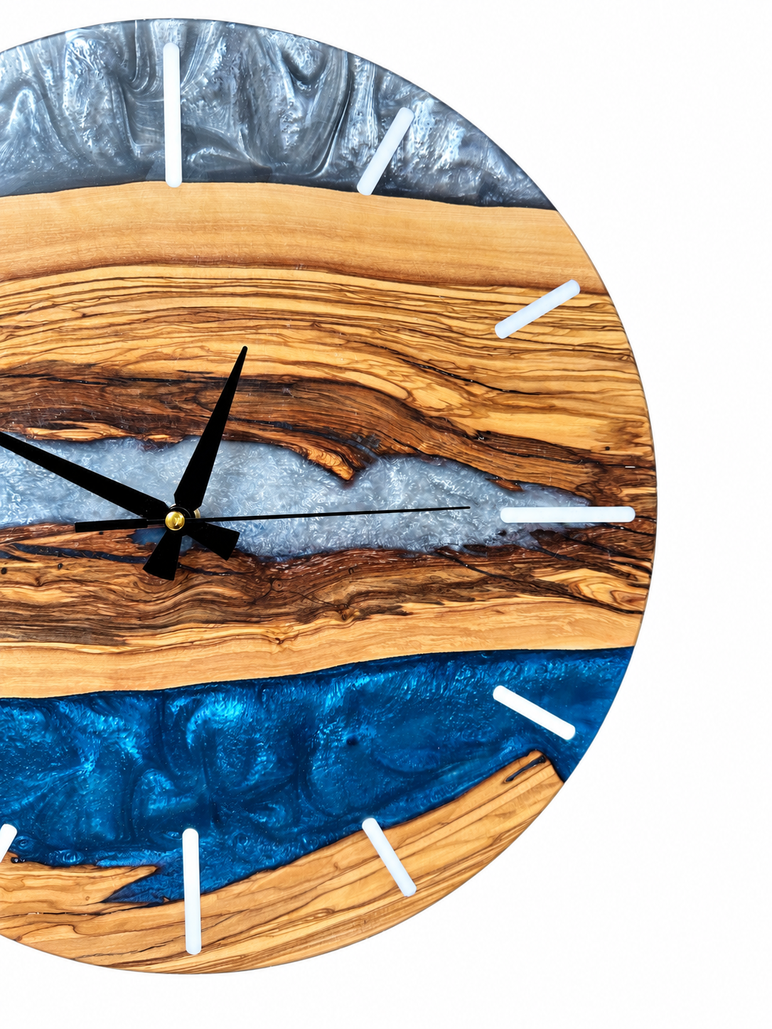 Ash Blue River Olive Wood & Resin Wall Clock — product photo on white, IMG_6772.JPG
