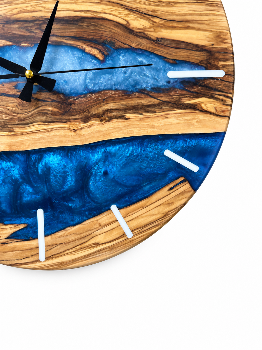 Ash Blue River Olive Wood & Resin Wall Clock — product photo on white, IMG_6775.JPG