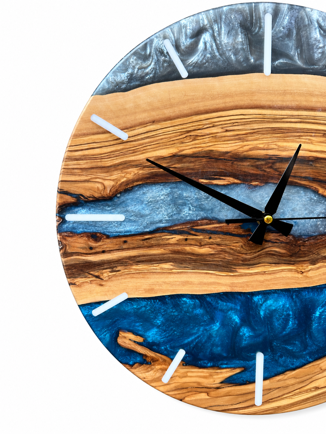 Ash Blue River Olive Wood & Resin Wall Clock — product photo on white, IMG_6771.JPG