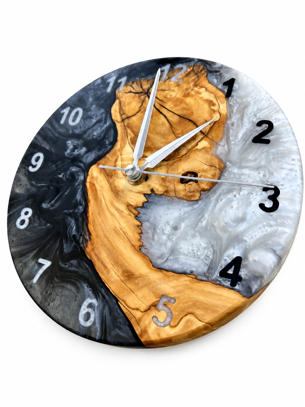 Charcoal Pearl Crescent Olive Wood & Resin Wall Clock — product photograph, view 15