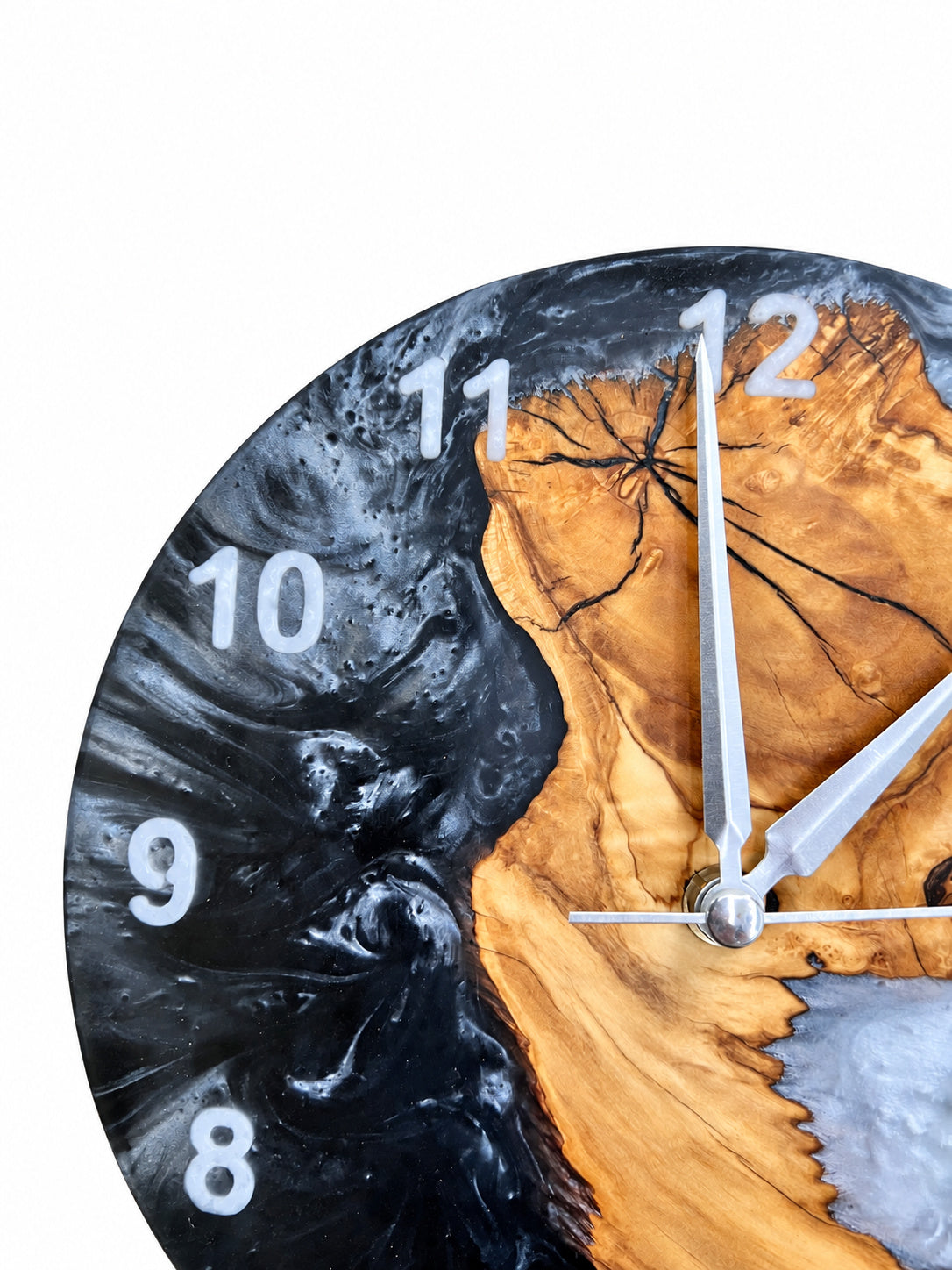 Charcoal Pearl Crescent Olive Wood & Resin Wall Clock — product photograph, view 10