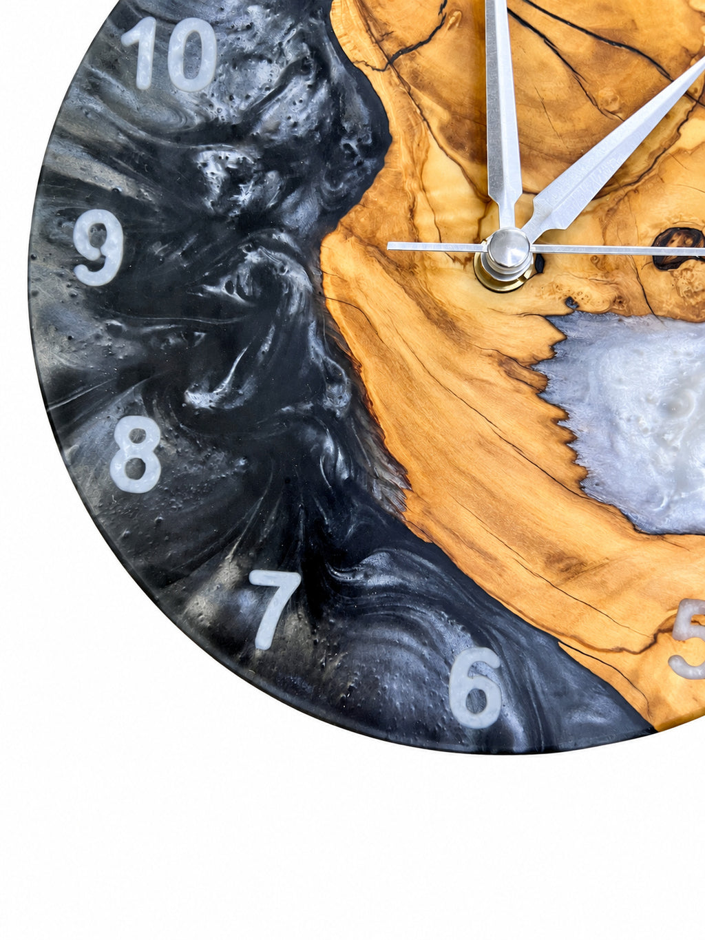 Charcoal Pearl Crescent Olive Wood & Resin Wall Clock — product photograph, view 8