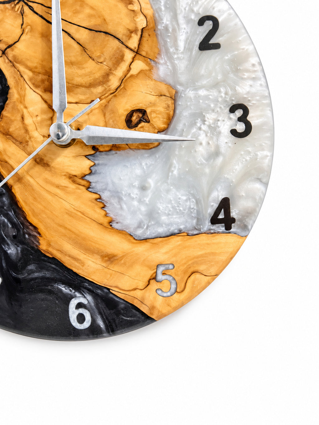 Charcoal Pearl Crescent Olive Wood & Resin Wall Clock — product photograph, view 6