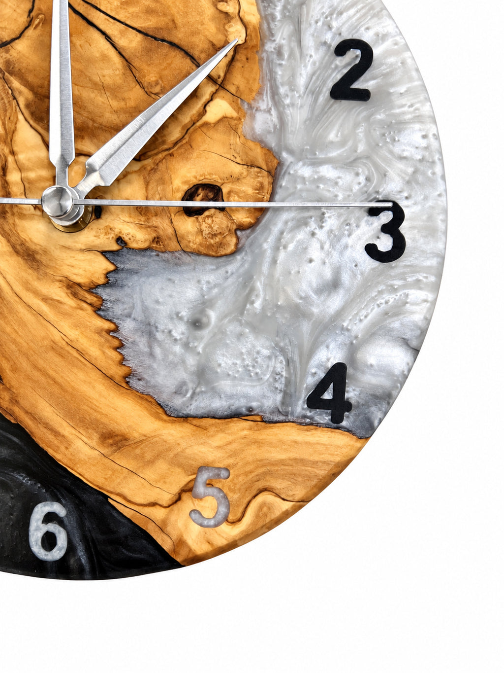 Charcoal Pearl Crescent Olive Wood & Resin Wall Clock — product photograph, view 11