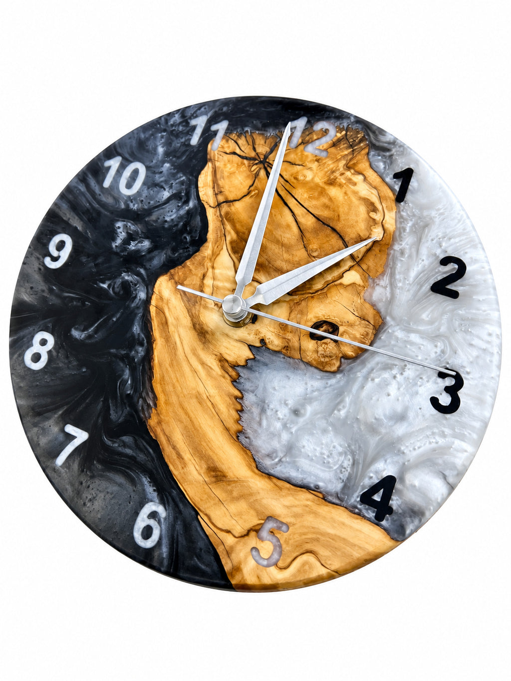 Charcoal Pearl Crescent Olive Wood & Resin Wall Clock — product photograph, view 13