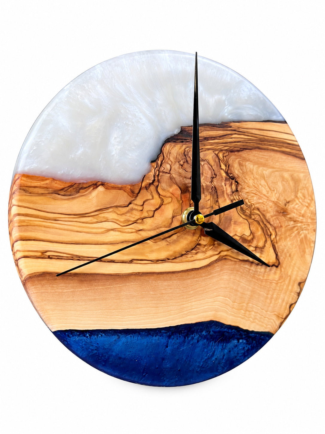 Pearl Bluff Olive Wood & Resin Wall Clock — handcrafted clock, product view 1