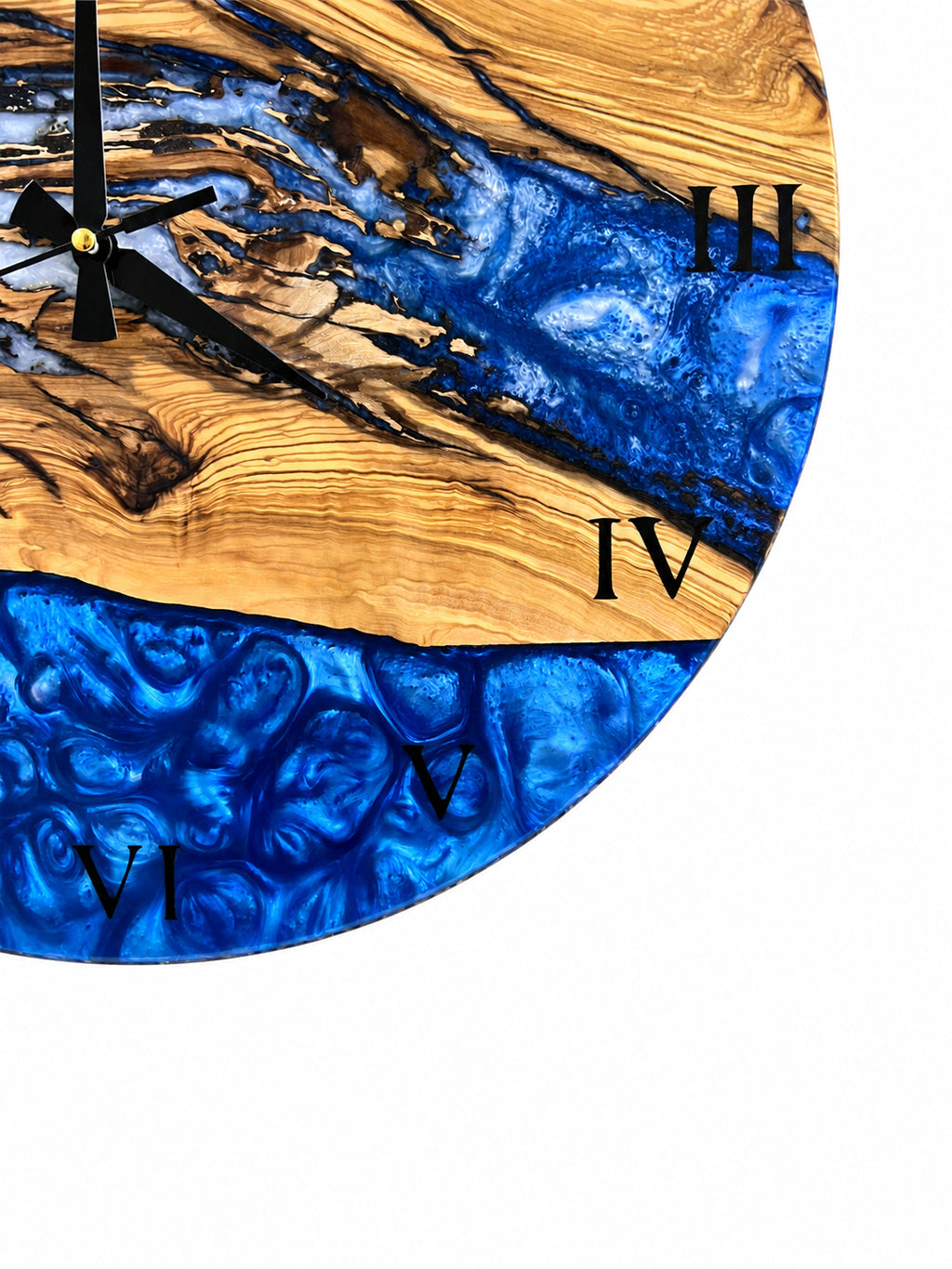 Roman Blue Drift Olive Wood & Resin Wall Clock — product photograph, view 5